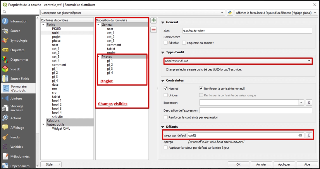 Visuel QGIS Formulaire d'attributs
